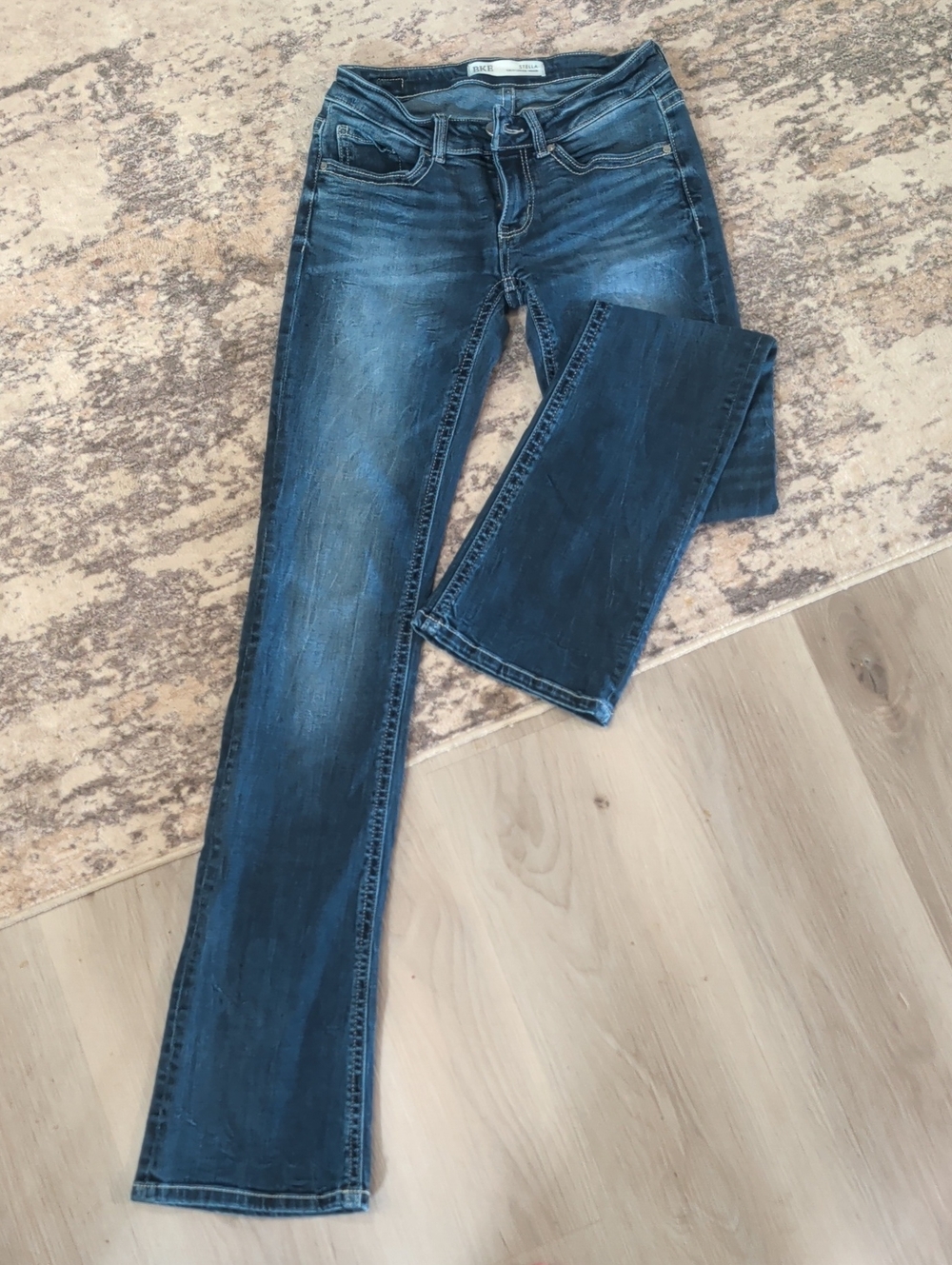 BKE Women's Boot Cut Jeans in Distressed Dark Blue